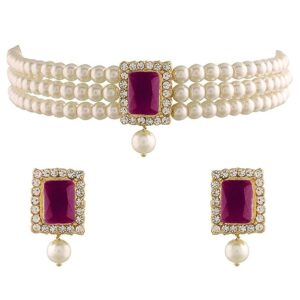 Gold plated pearl and stone choker necklace jewellery set for women