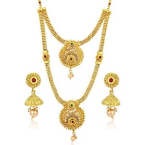 Gold temple jewellery necklace set with goddess pendant and matching jhumka earrings, traditional South Indian Kundan design.